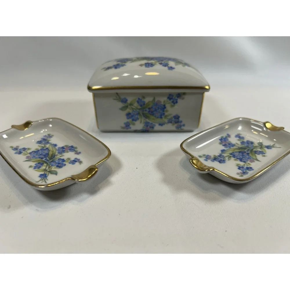 VNG porcelain trinket box and two matching trays Forget Me Not Floral Pattern